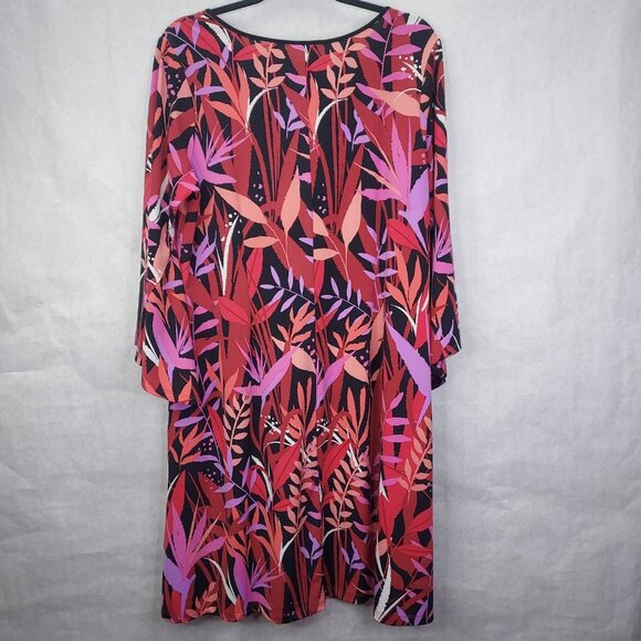 Bob Mackie Shift Dress Medium Bell Sleeve Floral Stretch Red Purple Wearable Art - Picture 6 of 12